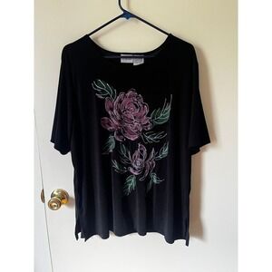 Liz Baker Womens Black Floral Graphic Short Sleeve Scoop Neck Top Size 1X